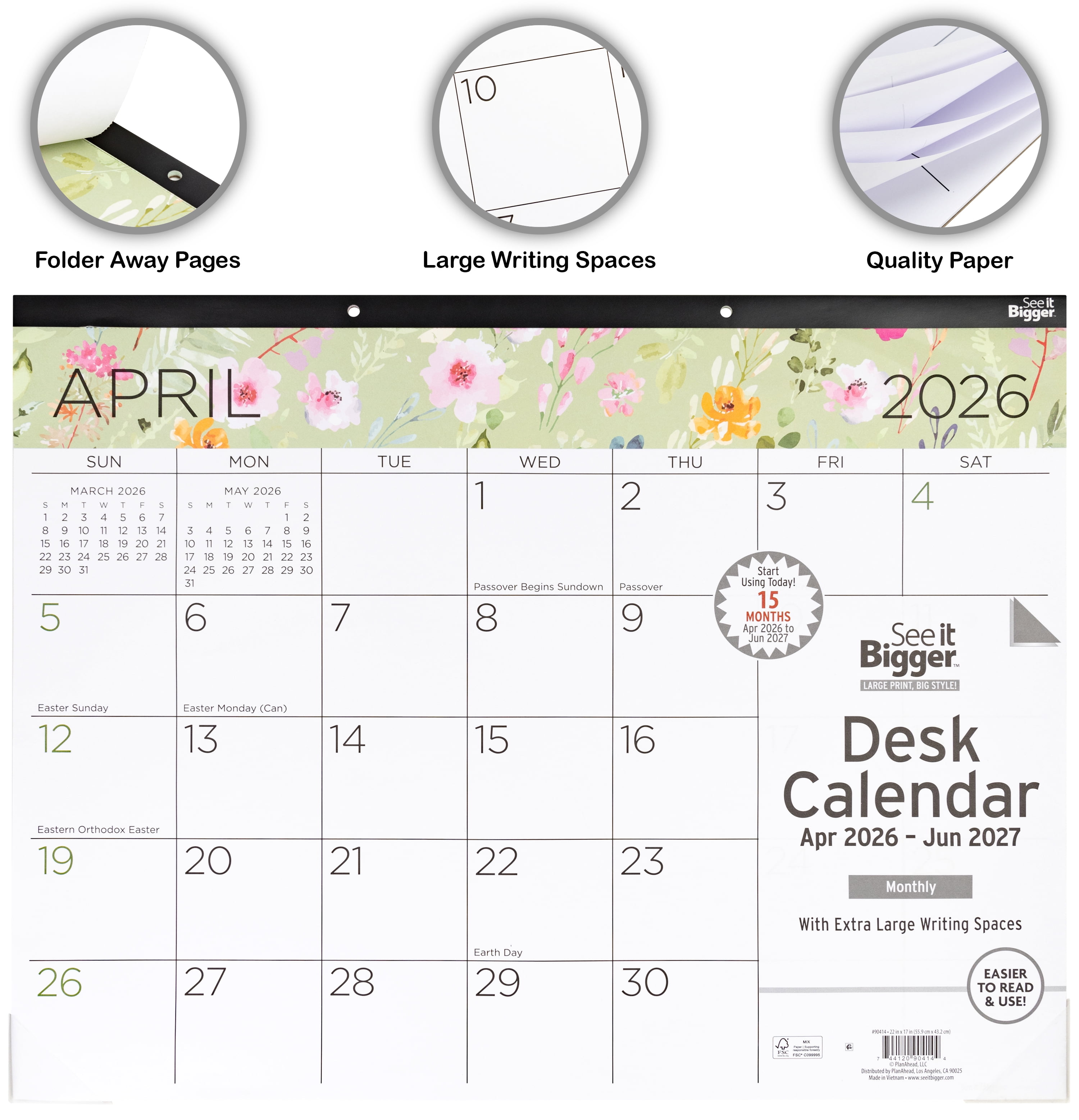 See It Bigger Desk Pad Calendar, Large (17" x 22"), Floral, 15-Month: Apr 2026 - Jun 2027