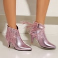 thumbnail image 5 of Women Boots Ankle High Fringe Short Boot Stiletto Pointed Toe Booties with Side Zipper (Pink 37), 5 of 5
