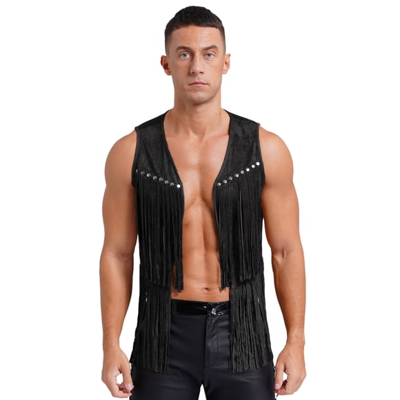 XUNZOO Mens Cowboy Faux Suede Tassel Vest Rivets Fringe Open Front Waistcoat Jacket Black M