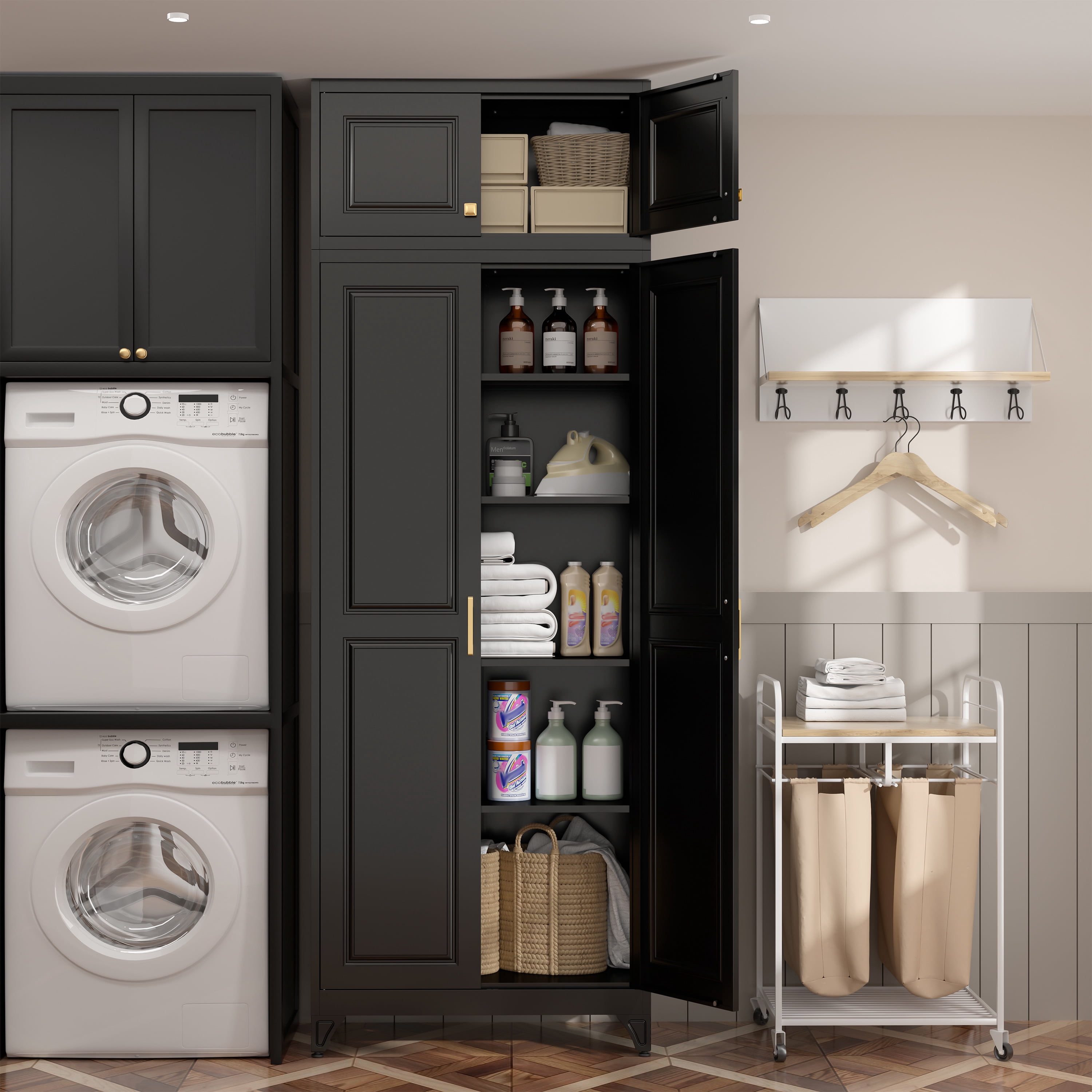 SteeLoong 90"H Black Modern Metal Pantry Storage Cabinet with Doors and 4 Adjustable Shelves for Living Room Kitchen and Home