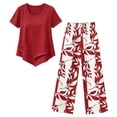 thumbnail image 4 of WULMLEO 2 Piece Sets Women Beach Summer Funny Work Out Basic 2 Piece Outfit Women Workout Cute Cruise Short Sleeve Tops Lounge Spring Trendy Floral Capris Red XL, 4 of 4
