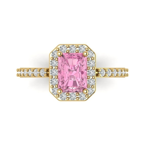 1.92 ctw with Simulated Diamond Halo Accents Anniversary Ring for Women | Emerald Cut Simulated Pink Diamond | Hyperallergenic Solid 18K Yellow Gold