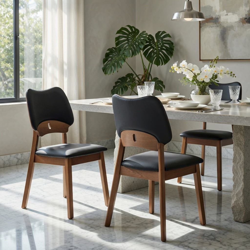 Hommoo 2-Pack Solid Wood Dining Chairs with PU Upholstered Seat & Backrest, Ergonomic Hollow-Back Design for Modern Home Dining, Black & Walnut