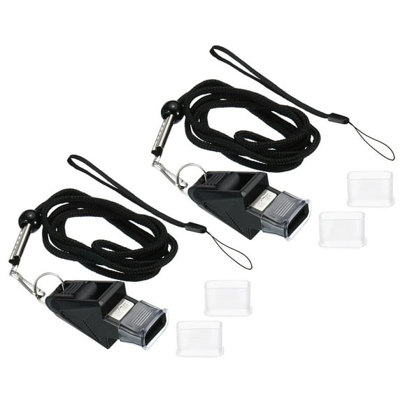 Uxcell Thickened Plastic Sports Whistles with Lanyard and Mouth Grip Referee Whistle, Black, 2 Pack