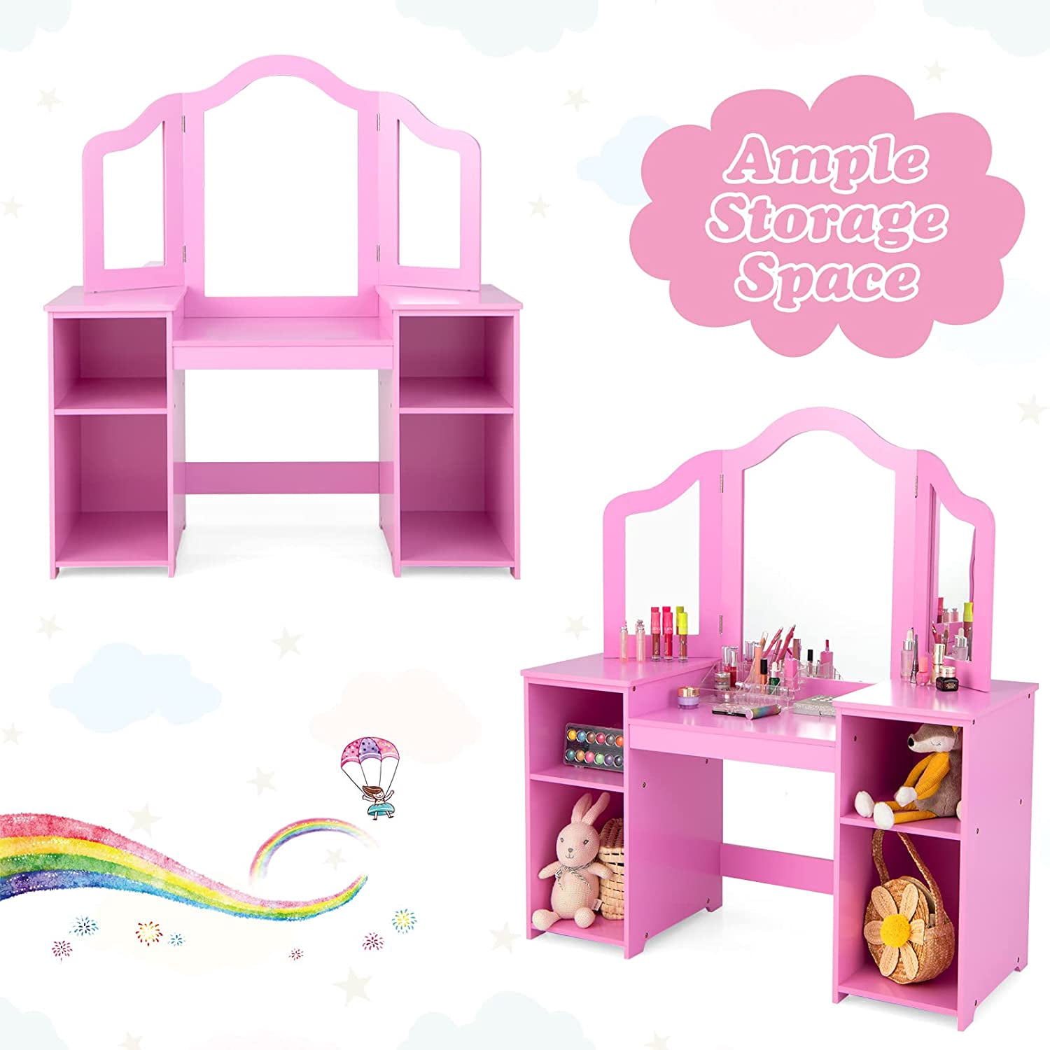 OLAKIDS Kids Vanity, 2 in 1 Princess Makeup Desk & Chair Set with Tri-Folding Detachable Mirror, Large Storage Shelves, Wooden Dressing Table, Pretend Play Vanity Set for Girls