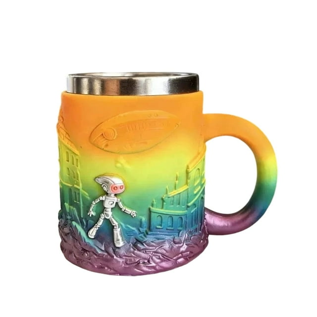 TIELUTT 3D Sci Fi Robot Mug Novelty Coffee Cup with Embossed UFO Design Color Changing Glass with Stainless Steel Rim Wooden Coffee Mug Set Unity Cup 1950's Juice Glasses Cup Set Kitchen Cups Glass S