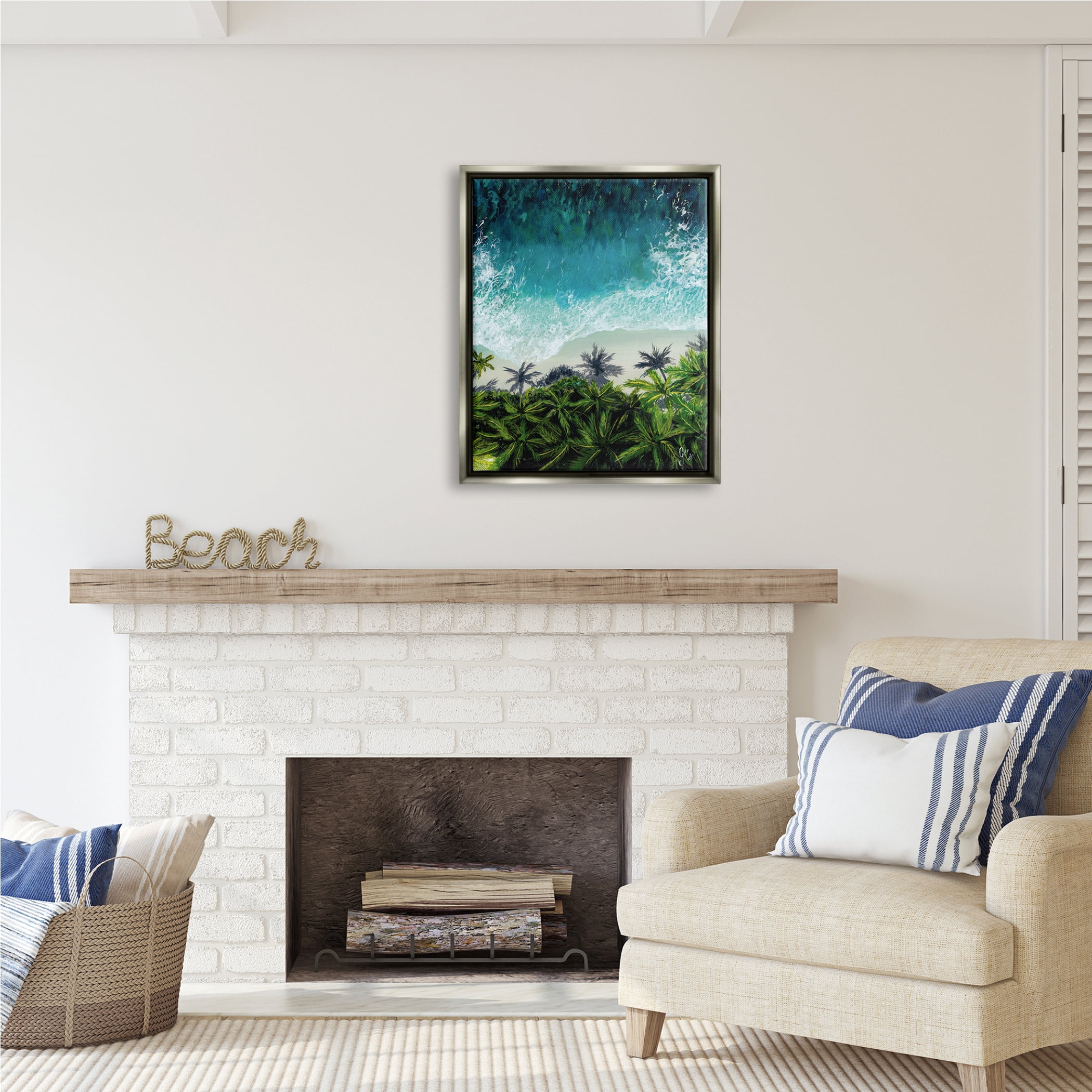 Stupell Industries Aerial View Tropical Beach Nature Painting Gray Floater Framed Art Print Wall Art, 25 x 31