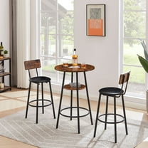AUKFA 3-Piece Bar Table Set, Pub Dining Table & PU Upholstered Stools with Backrest for Kitchen Small Space, Rustic Brown