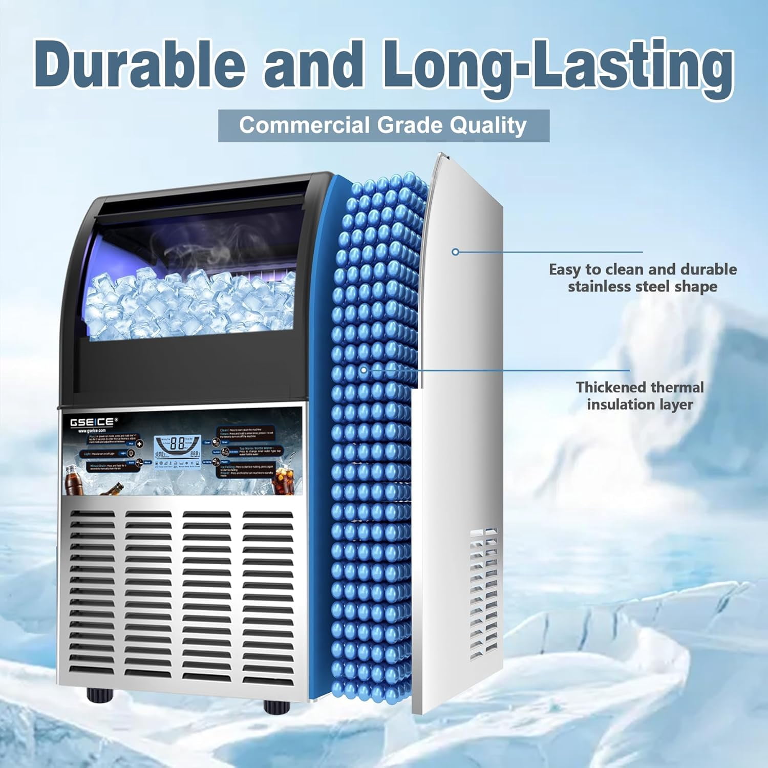 GSEICE ETL-Certified Commercial Ice Maker Machine 90Lbs/24H, Freestanding Fast Business Ice Maker, Self-Cleaning Ice Machine with LED Display for Bar, Office, Cafe, Hotel