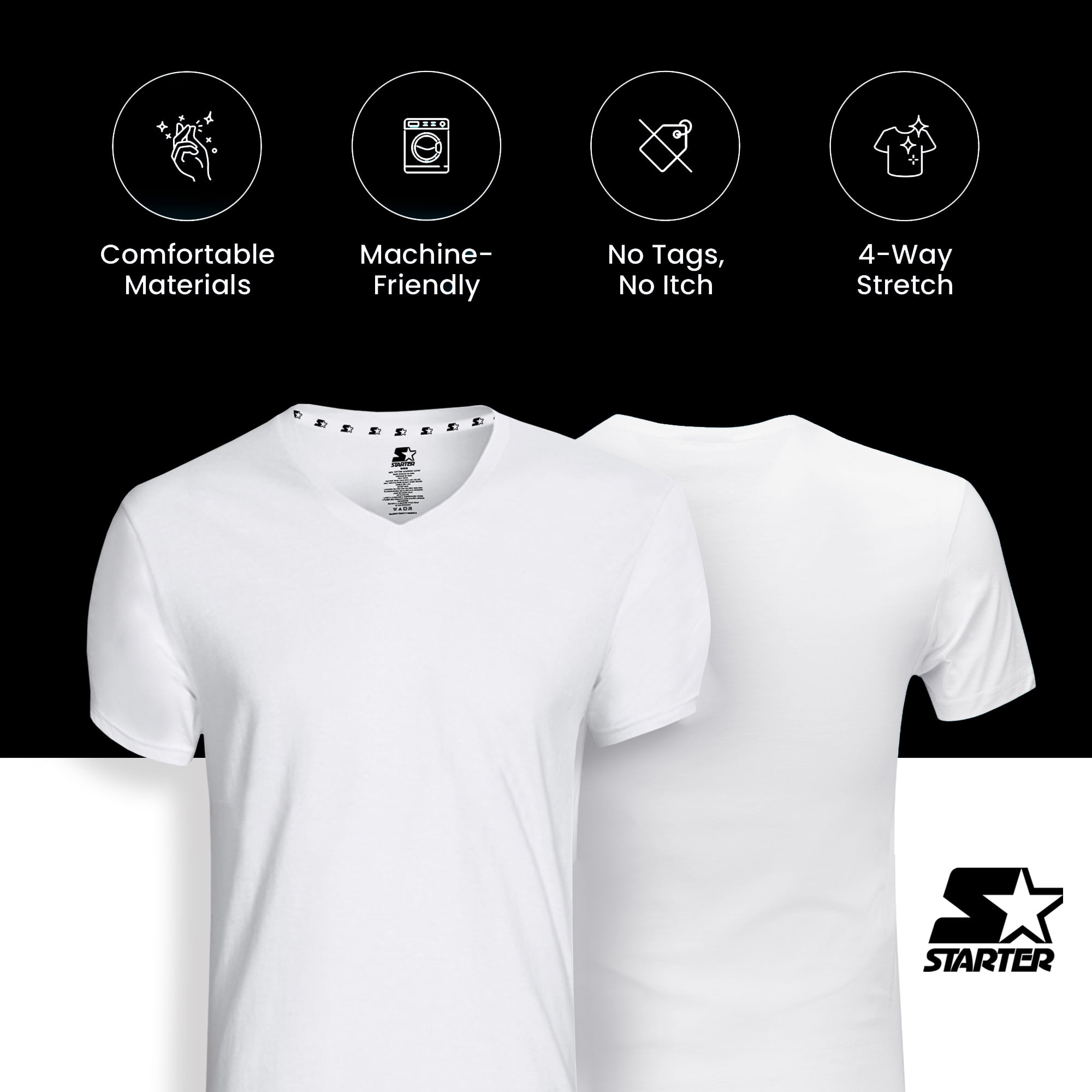 Starter Men’s Essential V Neck White Undershirt Breathable Cotton Shirt,  6-Pack