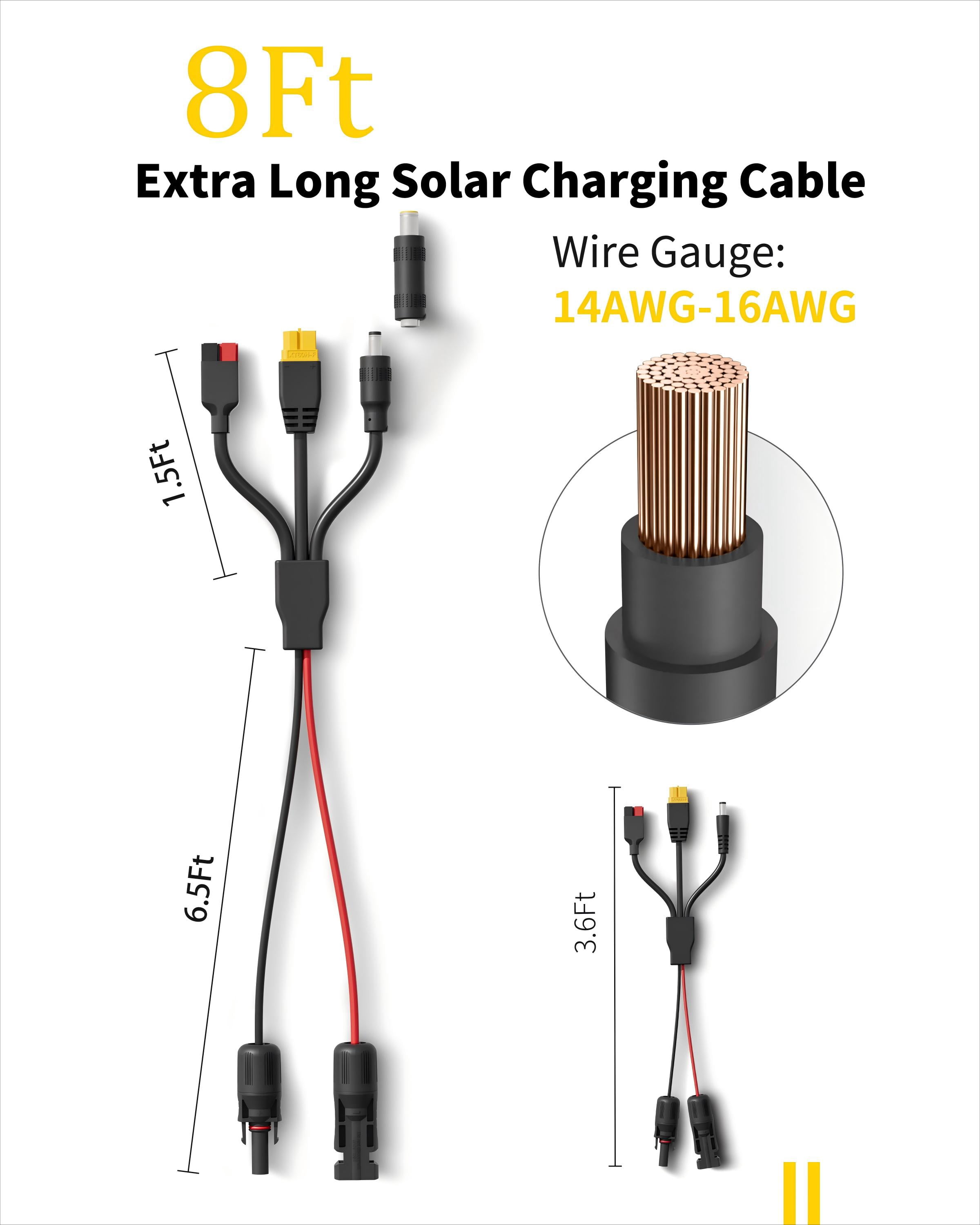 Enernova 8Ft Solar Charge Cable 4-in-1 Solar Connector to XT60, Anderson, DC5521, DC7909 Adapter Connector Connect Solar Panel for Portable Power Station Solar Generator