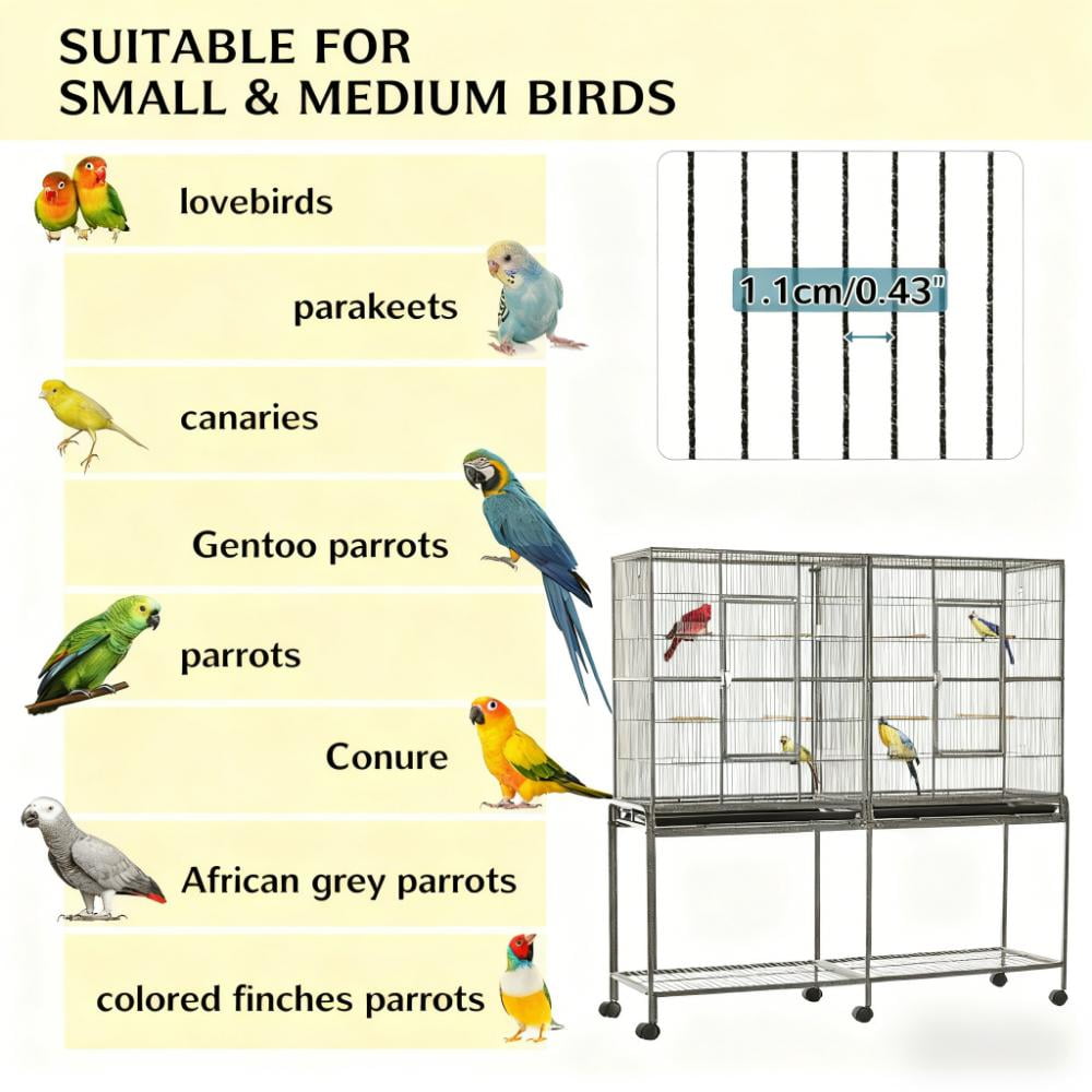 Roomy Bird House, Rolling Bird Cage with Storage Shelf Wood Perch Food Container