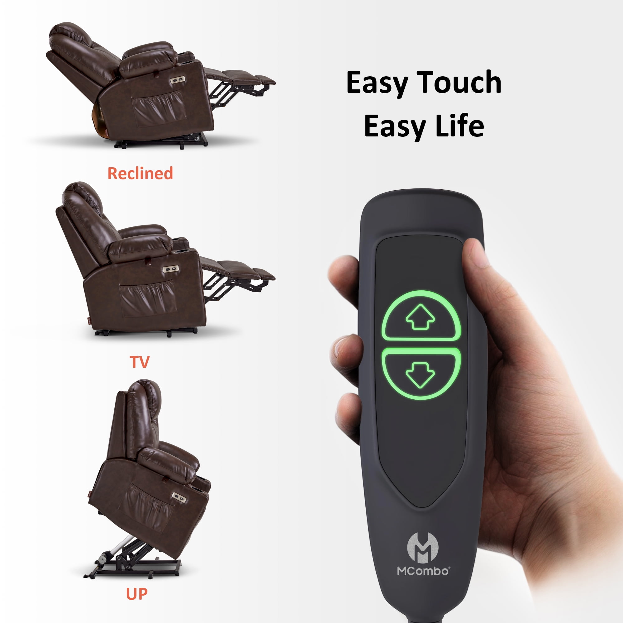 MCombo Electric Power Lift Recliner Chair Sofa with Massage and Heat for Elderly, 3 Positions, 2 Side Pockets, and Cup Holders, USB Ports, Faux Leather 7141 Dark Brown, Small