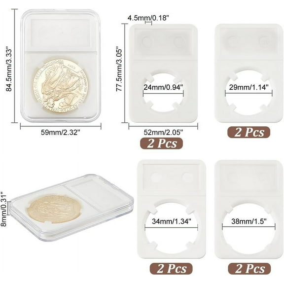 4Sizes Coin Slab Snap Display Holder 8pcs White Coin Cases for Collectors 24 29 34 38mm Coin DisplayBox Plastic Dollar Coin Holder with Clear Cases for Coin Collection Supplies