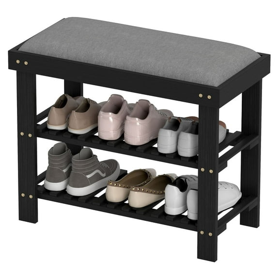 KWUXIN Bamboo 3-Tier Shoe Storage Bench with Cushion, Shoe Organizer for Entryway Hallway, Black, Simple Design