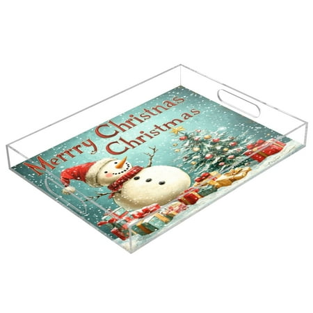 

Acrylic Tray 15.7*11.8*1.9 Inch Transparent Tray Food Tray Tea Cup Tray Serving Trays Cosmetics Storage Kitchen Table Bathroom Sundry Storage Christmas Snowman Picture