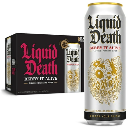 Liquid Death Sparkling Water with Agave, Berry It Alive, 19.2 oz King Size Cans (8-Pack)