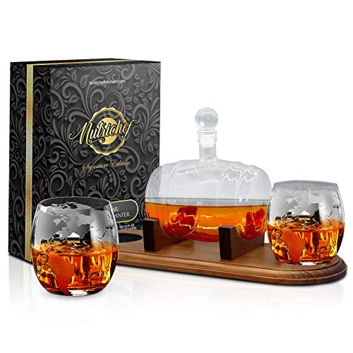 Nutrichef Glass Whiskey Decanter - 750ml Barrel Whiskey Carafe Alcohol Decanter Set with Glasses, Liquor Lead Free Decanter w/ Stopper & Base, for Brandy Wine Cognac Rum Gin Scotch Bou