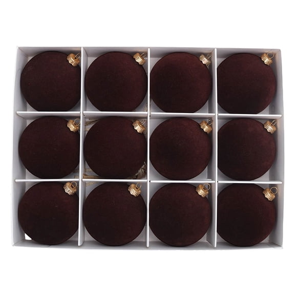Adornos de bolas de Navidad de terciopelo Paquete de 12 | Adornos colgantes decorativos de plástico marrón flocado de 2.4" | Duradero, fácil de colgar, textura elegante | Decoración de árbol de