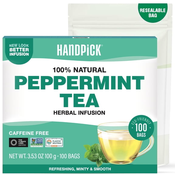 HANDPICK, Peppermint Tea, Eco-Conscious Tea Bags - 100 Count | Caffeine Free, Non-GMO | Minty, Fresh & Cool flavor | Direct From Source