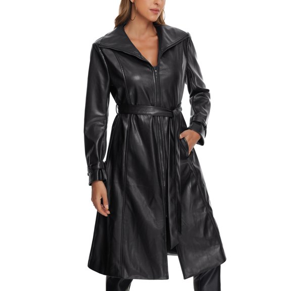 INSPIRE CHIC Faux Leather Long Jacket for Women's Lapel Long Sleeve Zip Casual Coat