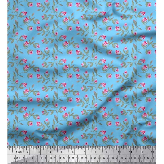 Soimoi Blue Silk Fabric Leaves & Azalea Floral Print Fabric by the Yard 44 Inch Wide
