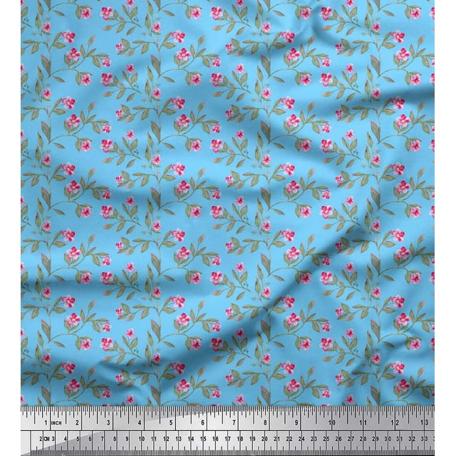 Soimoi Blue Silk Fabric Leaves & Azalea Floral Print Fabric by the Yard 44 Inch Wide