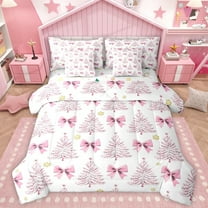 Homewish Kawaii Cartoon Bow 7-Piece Twin Bedding Sets,Merry Christmas Xmas Tree Bedding Comforter Set,Pink White Sheet Sets For Girl Teens,Super Cozy Room Decor Reversible