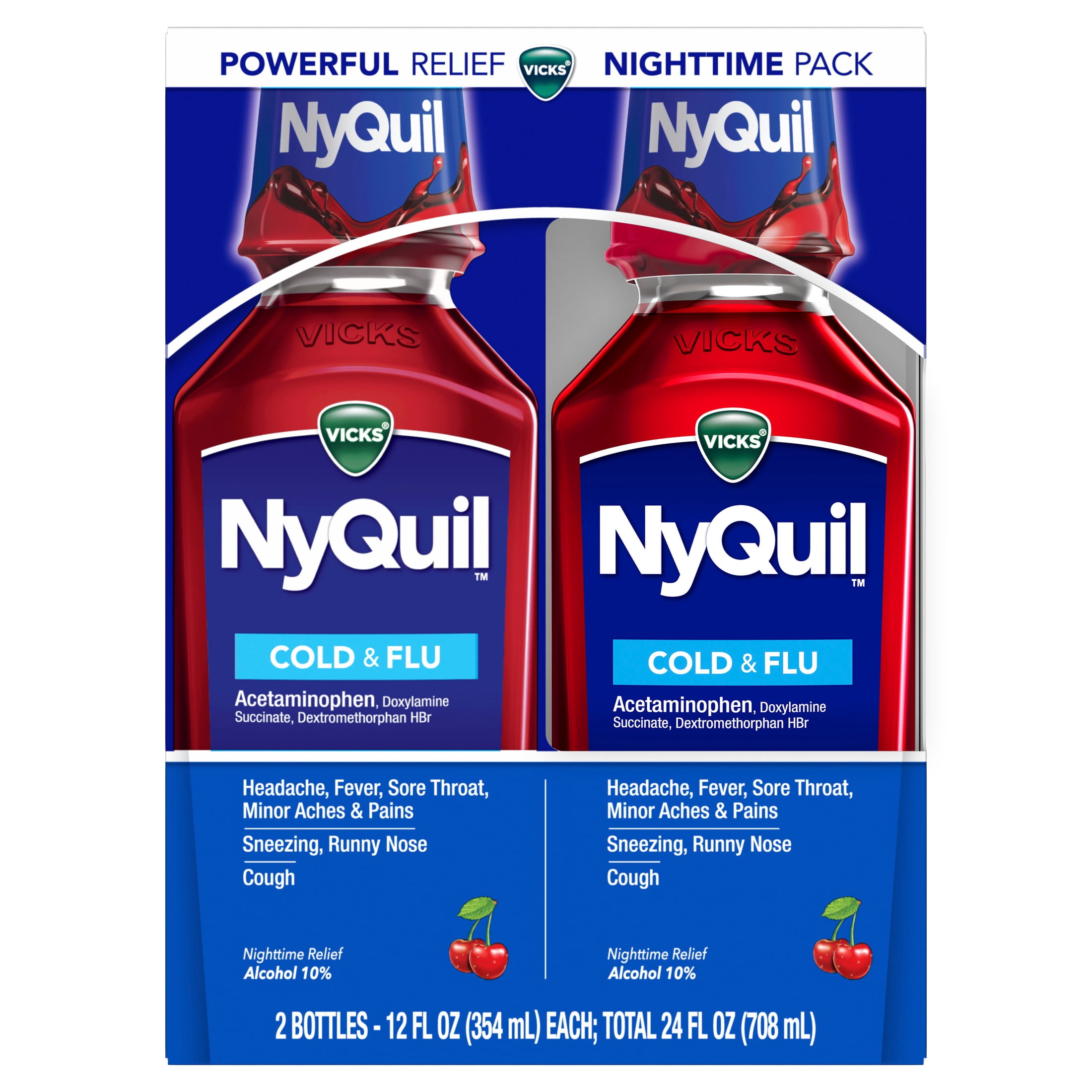 Vicks NyQuil Cold and Flu Medicine, 2x12 fl oz Twin Pack, Cherry Flavor