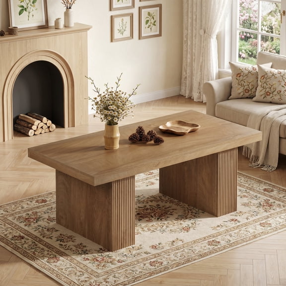 Finmind 47.24" Farmhouse Coffee Table, Rectangle Center Table with Large Tabletop & Thick Base, Brown
