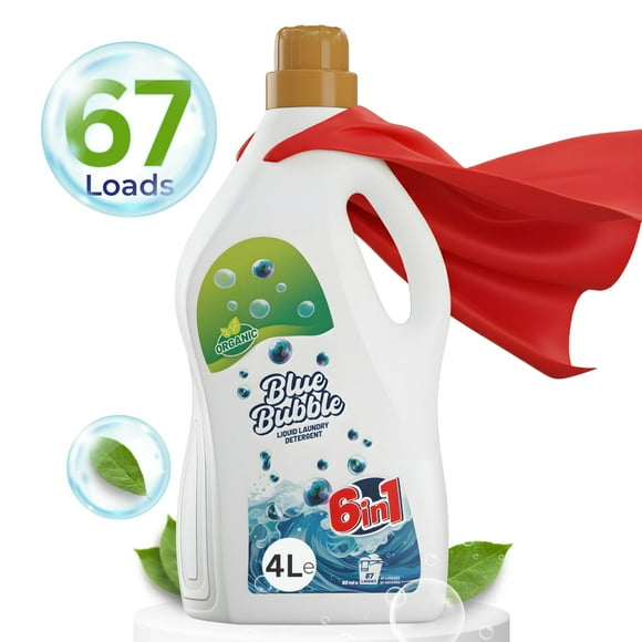BlueBubble Détergent à Lessive Liquide 4, L. 67 Brassées à Base de Planète - Formule 6 en 1 Écoresponsable et solution de Nettoyage Durable Qui Répond à Tous Vos Besoins de Lessive en un Seul Produit.