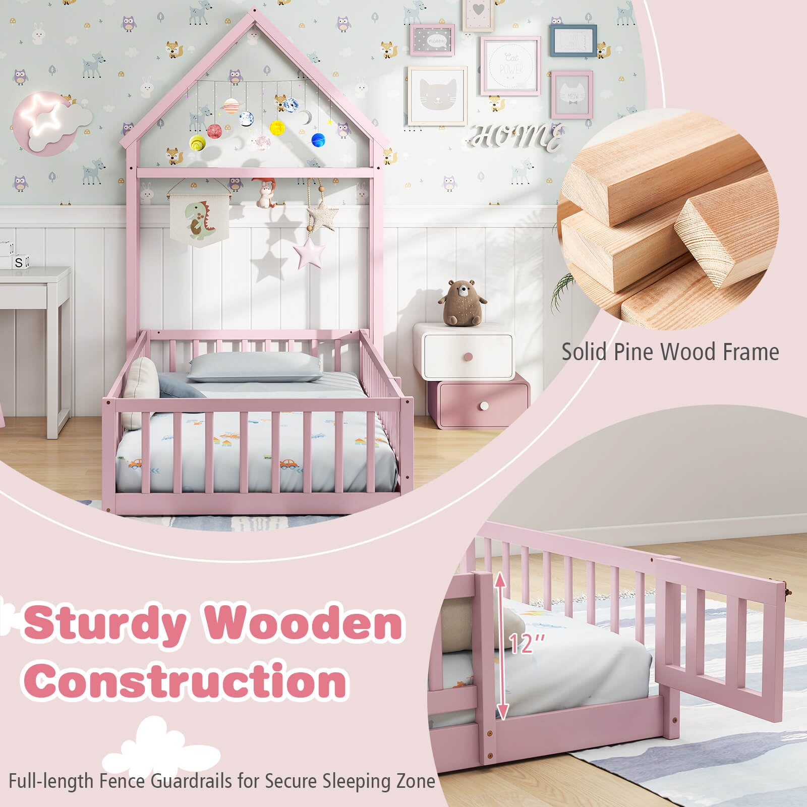 Costway Twin Size House Floor Bed with House-shaped Headboard Clothes Hanger without Slats Pink