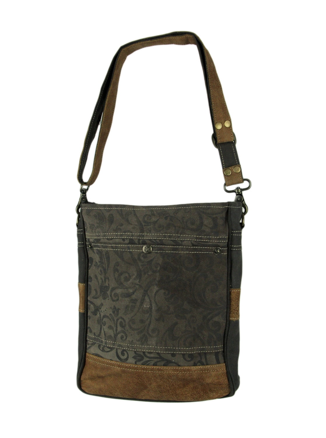 Myra Bag Grey Floral Vine Print Upcycled Canvas and Cowhide Leather Trim Handbag