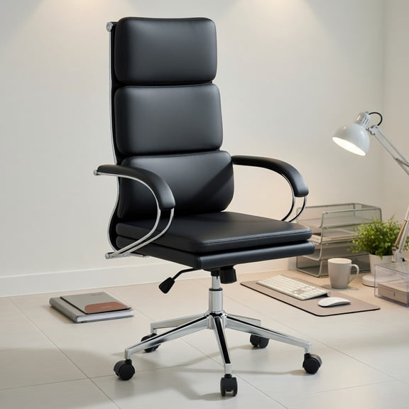 Resenkos Ergonomic Height Adjustable Office Chair, Swivel Leather Desk Chair with Lumbar Support and Rocking Functionfor Home Office, Black