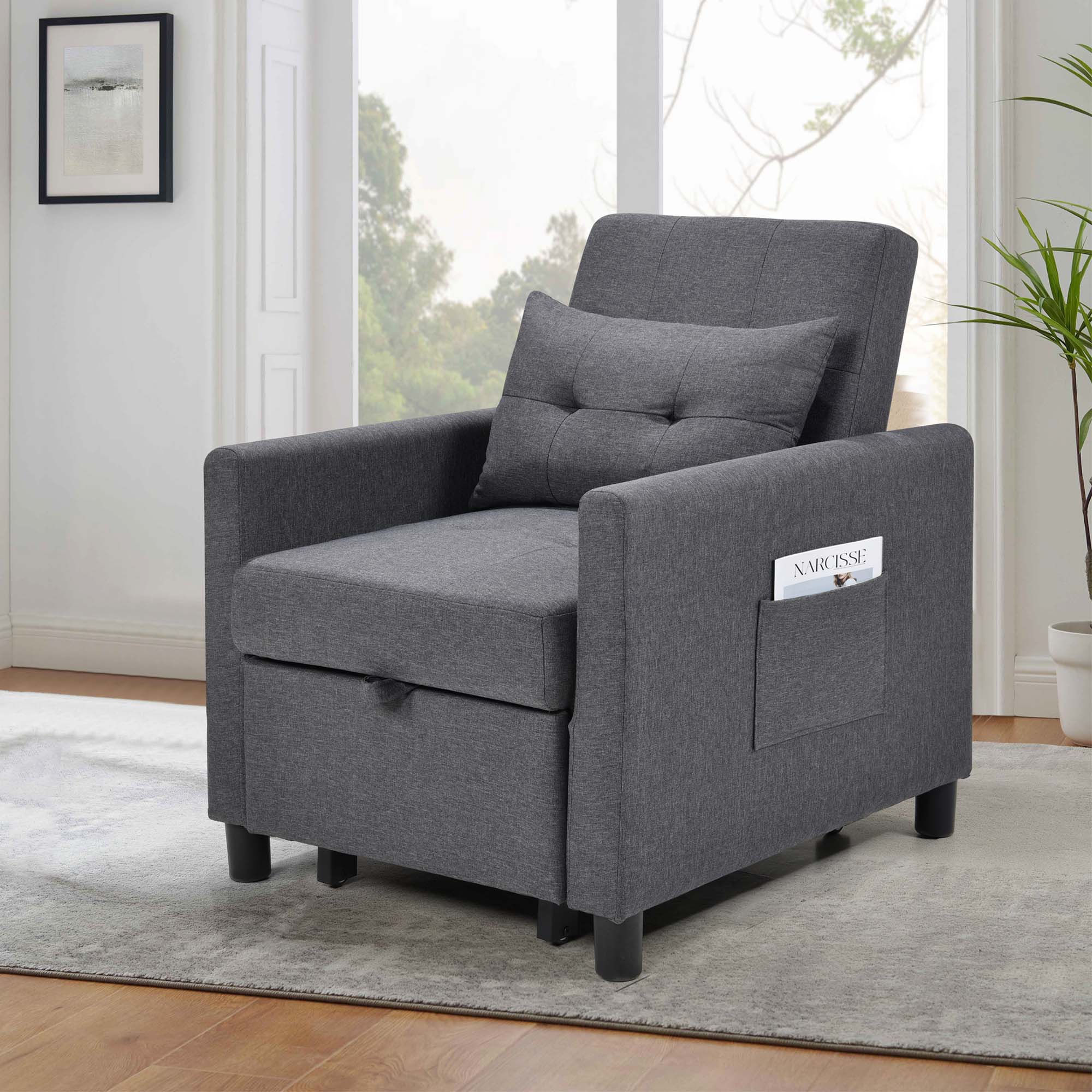 Aukfa Single Sofa Bed with Pull Out Sleeper, Convertible Futon Chair with Pocket for Living Room/Small Space - Dark Gray
