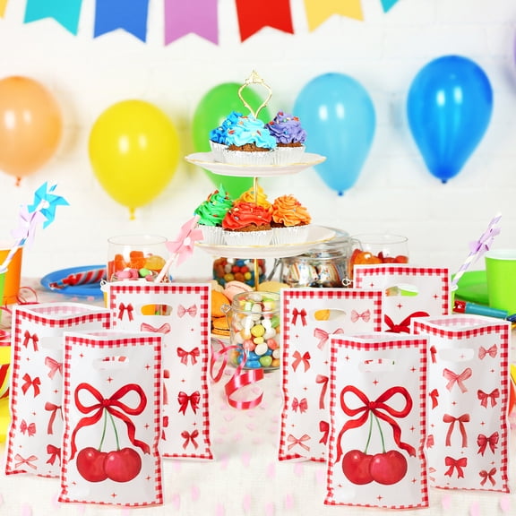2ooya Bow Party Gift Bag with Die Cut Handle,Reusable Plastic Goodies Bag Party Favors,50 Pieces
