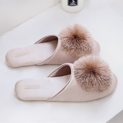 

PIKADINGNIS House Elegant Tassel Hairball Women Slippers Comfortable Cloth Chic Ladies Flat Shoes Spring Luxury Champagne Women Slides