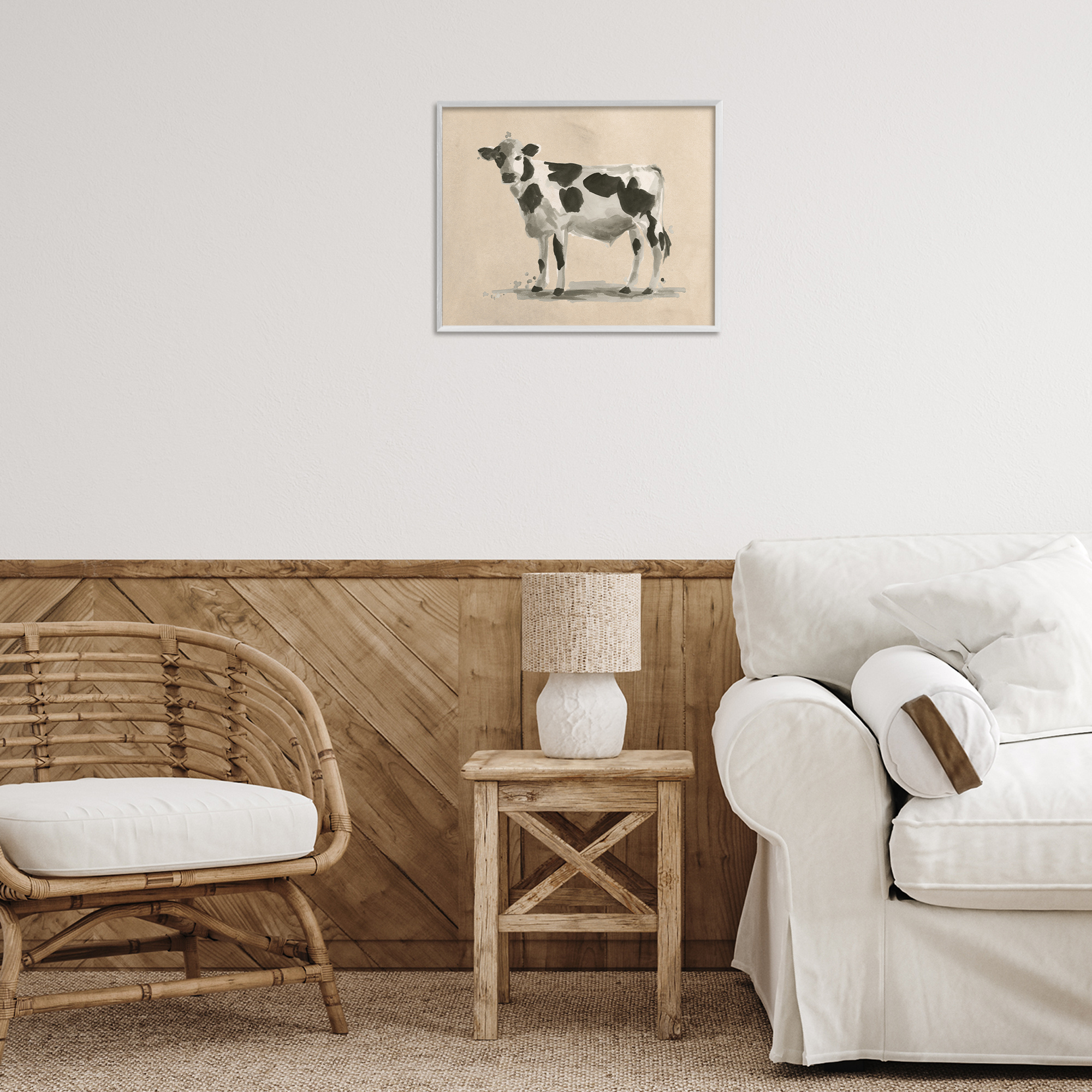 Stupell Industries Minimal Cow Painting Animals & Insects Painting White Framed Art Print Wall Art, 20 x 16