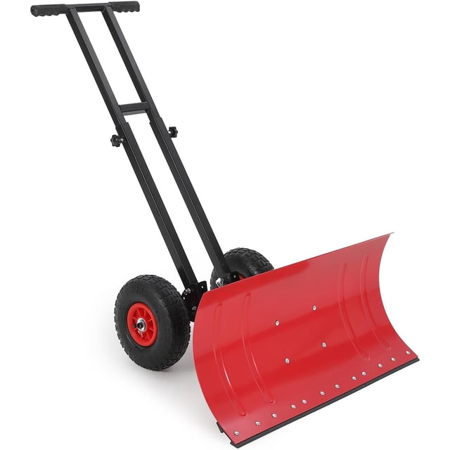 Pelle à Neige 29x14 Po avec Roues, Chasse-Neige en Acier, Lame Inclinée à 5 Positions, Poignée à Double Tige et Roues en Caoutchouc, Chasse-Neige Ergonomique pour Entrée et Trottoir