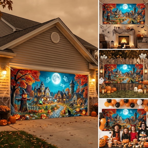 Gallickan Halloween Decorations Garage Door Cover, Spooky Ghost Pumpkin Castle Banner Waterproof Polyester Outdoor Decoration for Party