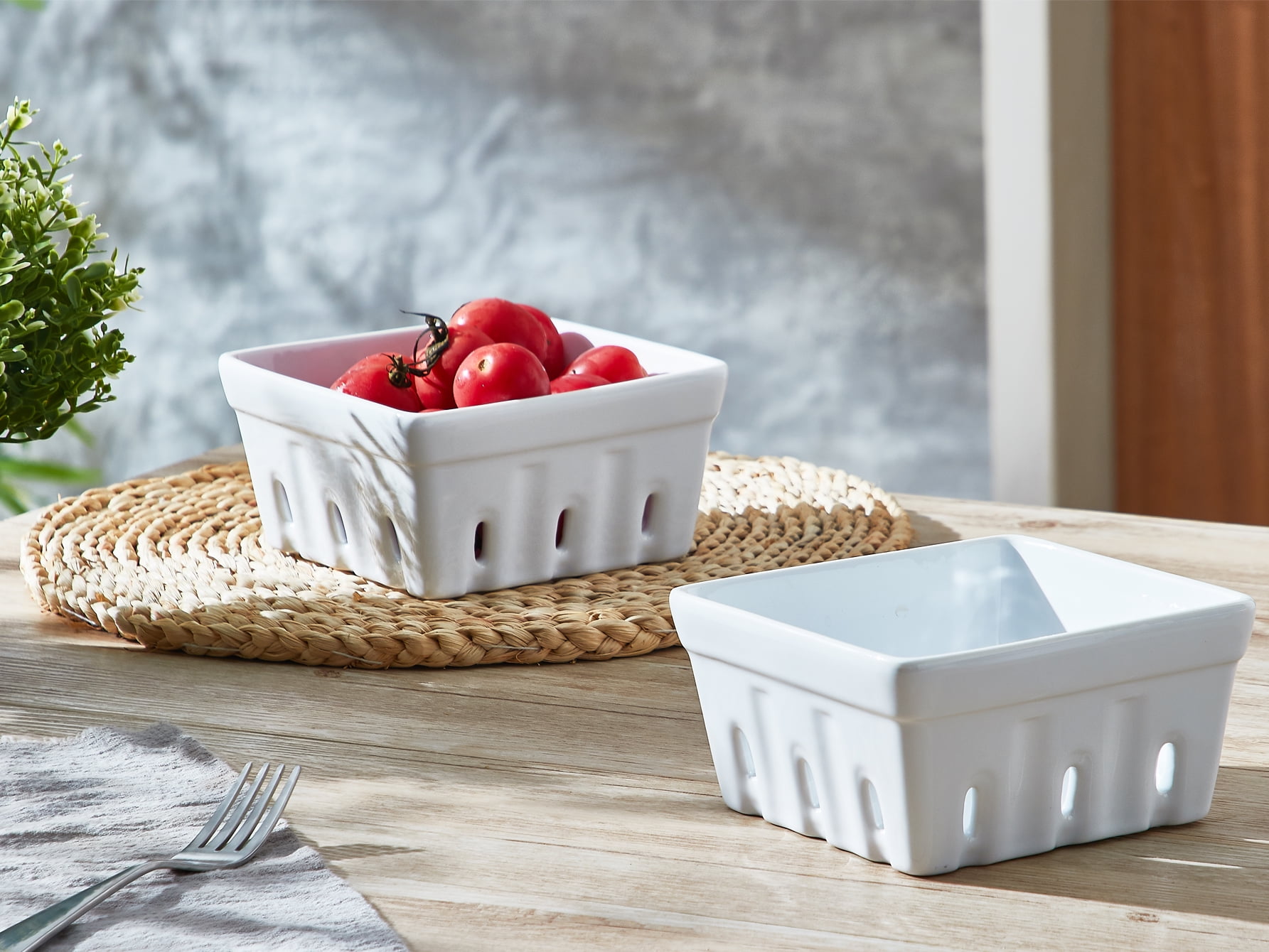 CONTENPO Ceramic Berry Basket Square Fruit Bowls with Holes Berry Bowl Colander Fruit Basket for Kitchen Décor - 5.9" Berry Containers for Fridge, Set of 2, White