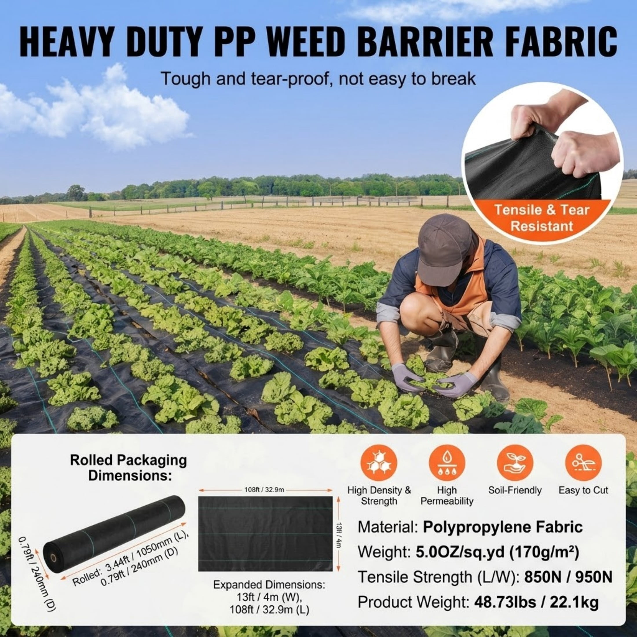 JUVOCT 13 x 108 Ft Weed Barrier Landscape Fabric, 5oz Heavy Duty Woven Geotextile Fabric for Driveway and Garden Ground Cover