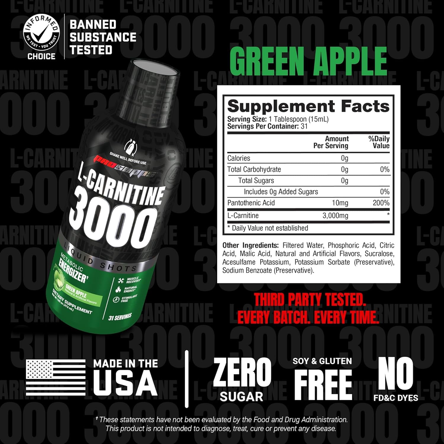 PROSUPPS L-Carnitine 3000ml Stimulant Free Liquid Shots for Men & Women (31 Servings, Green Apple)
