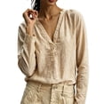 thumbnail image 3 of Women Solid Color V Neck Cotton Linen Blouse,Roll Up Long Sleeve Loose Bohemian Casual Shirt,Lightweight Breathable Basic Top for Daily Leisure,Travel Spring Summer 2026 Outfits Khaki S, 3 of 6