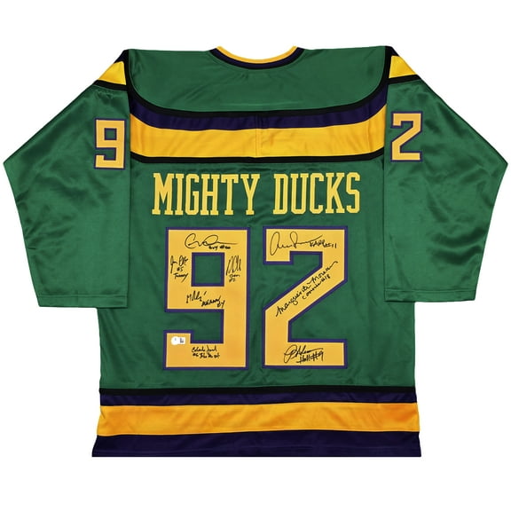 The Mighty Ducks Cast Autographed Green Hockey Sweater Jersey With 8 Signatures Beckett BAS Witness 253582
