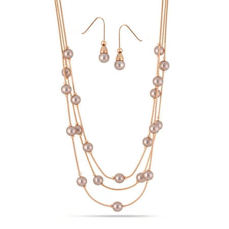 TAZZA WOMEN'S ROSE GOLD CHAMPAGNE FAUX PEARL LAYERED NECKLACES