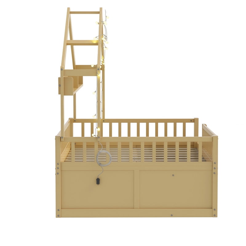 Full Size Kids Montessori Floor Bed Frame with Guardrail & Drawer, Children House Platform Bed with LED Light & Small Cat Bed