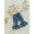 thumbnail image 3 of Seyurigaoka Baby Girls Autumn Outfit Sets Long Sleeve Floral Romper Tops + Denim Flared Pants + Bow Headband for 3-24M Toddler Kids, 3 of 8