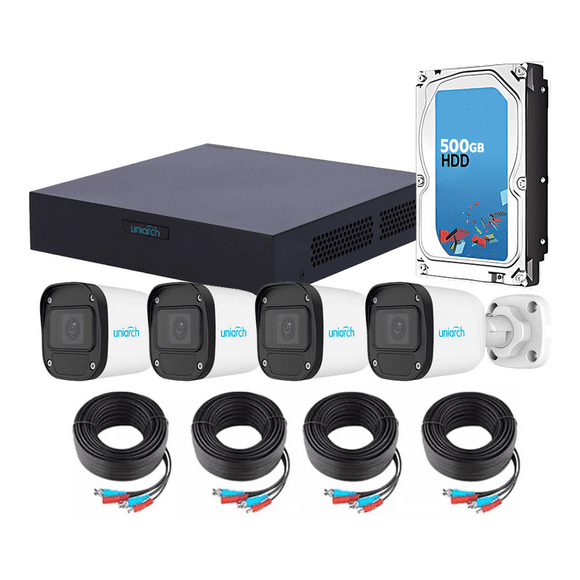 Kit de Vigilancia UNIARCH 4 Cámaras Bala Interior/Exterior, Grabador DVR 4 Canales HD + 2 IP, 4 cables de 18 mts, Aplicación móvil, fuente de alimentación y Disco Duro 500GB