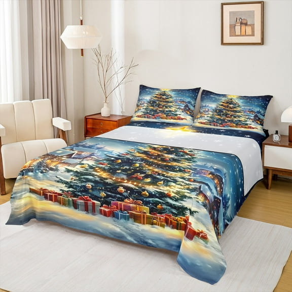 Manfei Dreamy Christmas Festival Twin Sheet Sets for Kids, Glitter Xmas Tree Twin Fitted Sheet, Fairy Tale Flat Sheet, Super Cozy Room Decor, 3-Piece